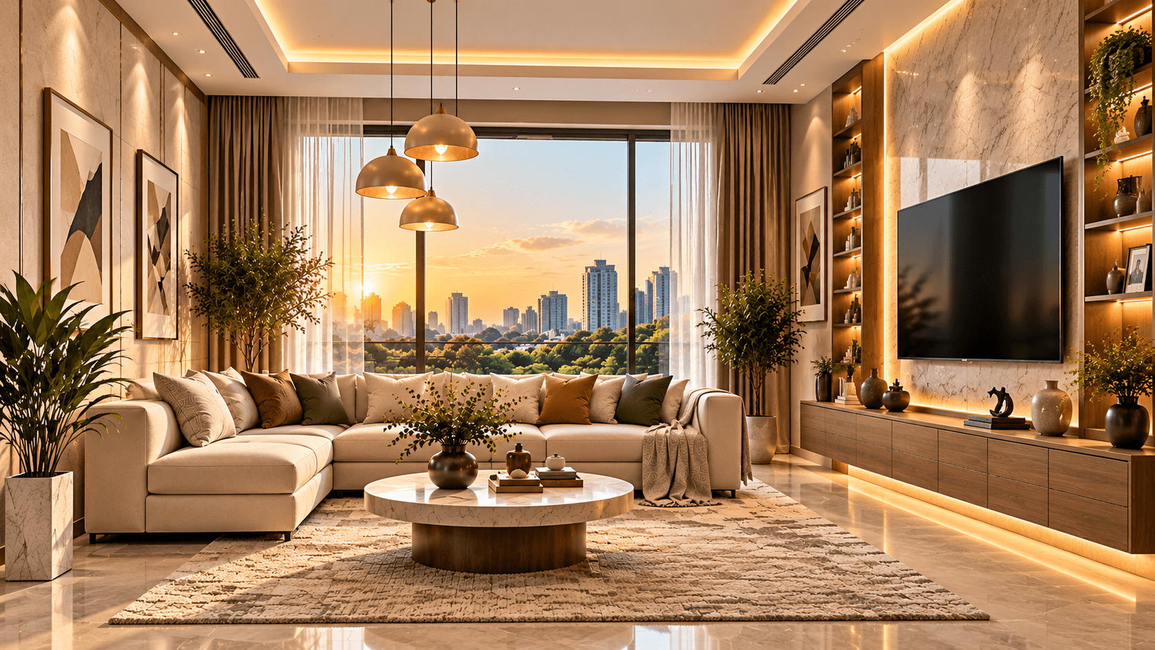 The same living room finished: a cream sectional with green and rust cushions, warm cove lighting, timber panelling and a city view through the window.