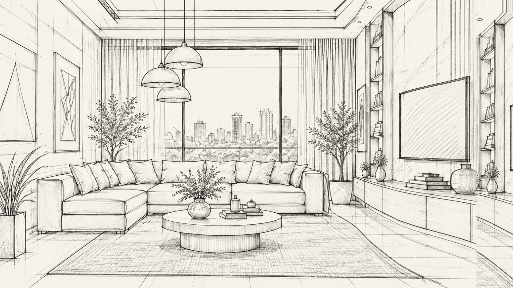 Concept sketch of a living room: a sectional sofa facing a large window, three pendant lights, a low coffee table and a rug, drawn in pencil.