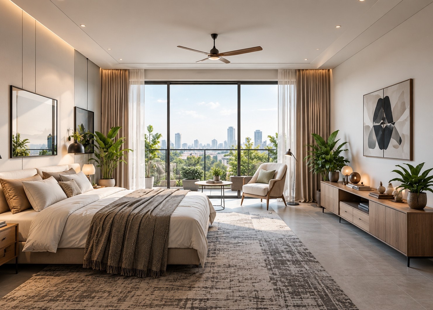 Rendered bedroom: an upholstered bed with layered linen, floor-to-ceiling glazing with sheers, and a walnut console.