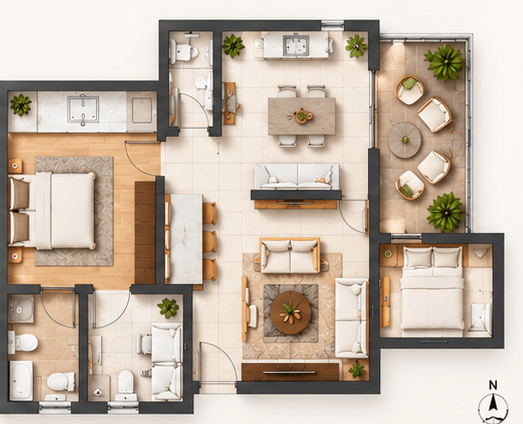 A two-bedroom floor plan drawn from above, with the living room, dining area, kitchen, bathrooms and a planted balcony laid out.
