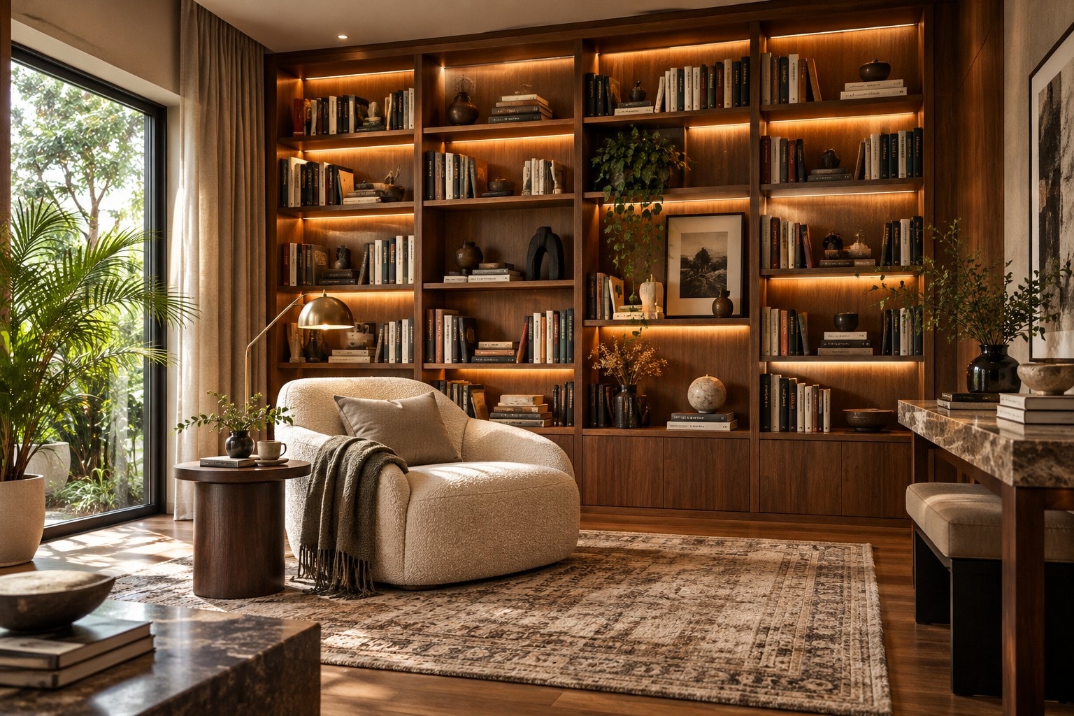 Rendered reading room: a floor-to-ceiling walnut library wall with warm LED lighting and a bouclé lounge chair.