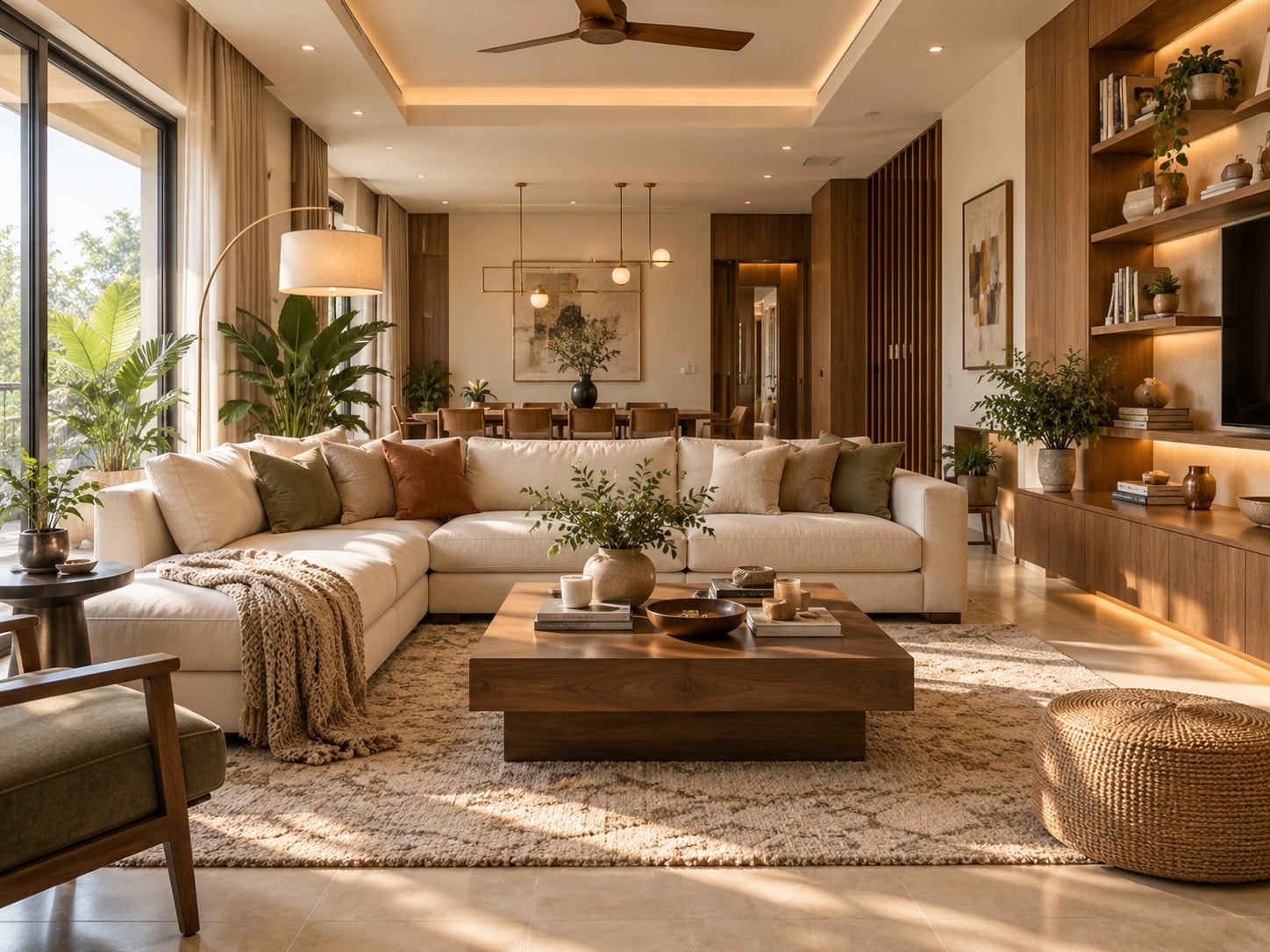 Rendered living room: a cream sectional, walnut coffee table, backlit oak shelving and evening light through tall windows.