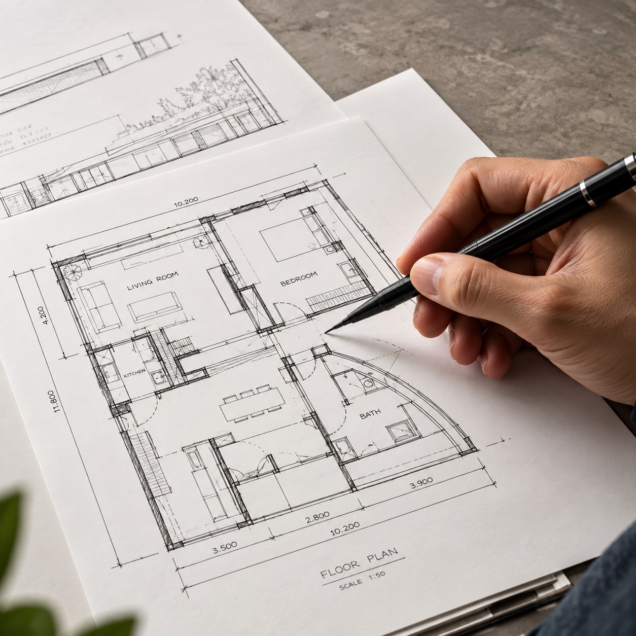 Concept — Layouts, moodboards and material direction. The idea is agreed before anything is drawn in detail.